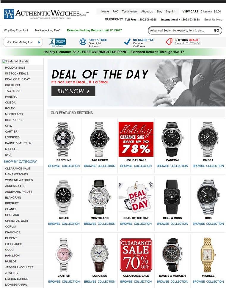 瑞士奢华手表全球供应商：AuthenticWatches.com（购买劳力士、泰格豪雅、百年灵等）