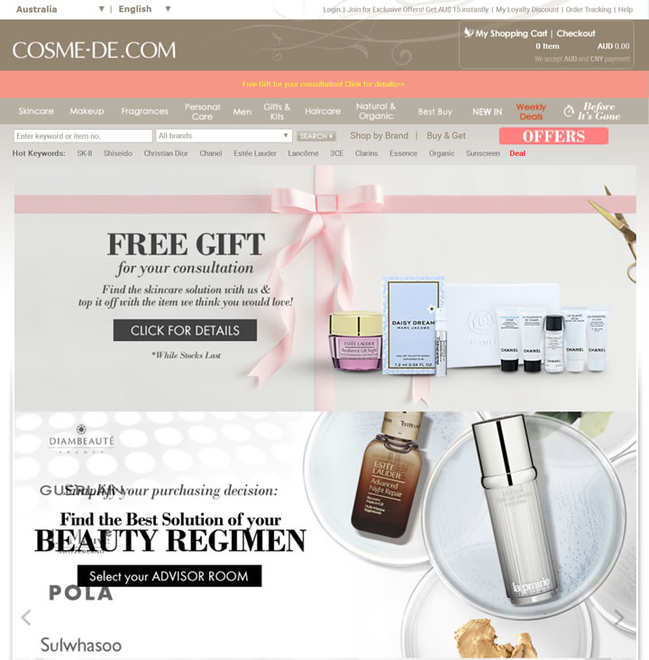 Cosme.De澳大利亚：国际网上护肤美容产品零售网站